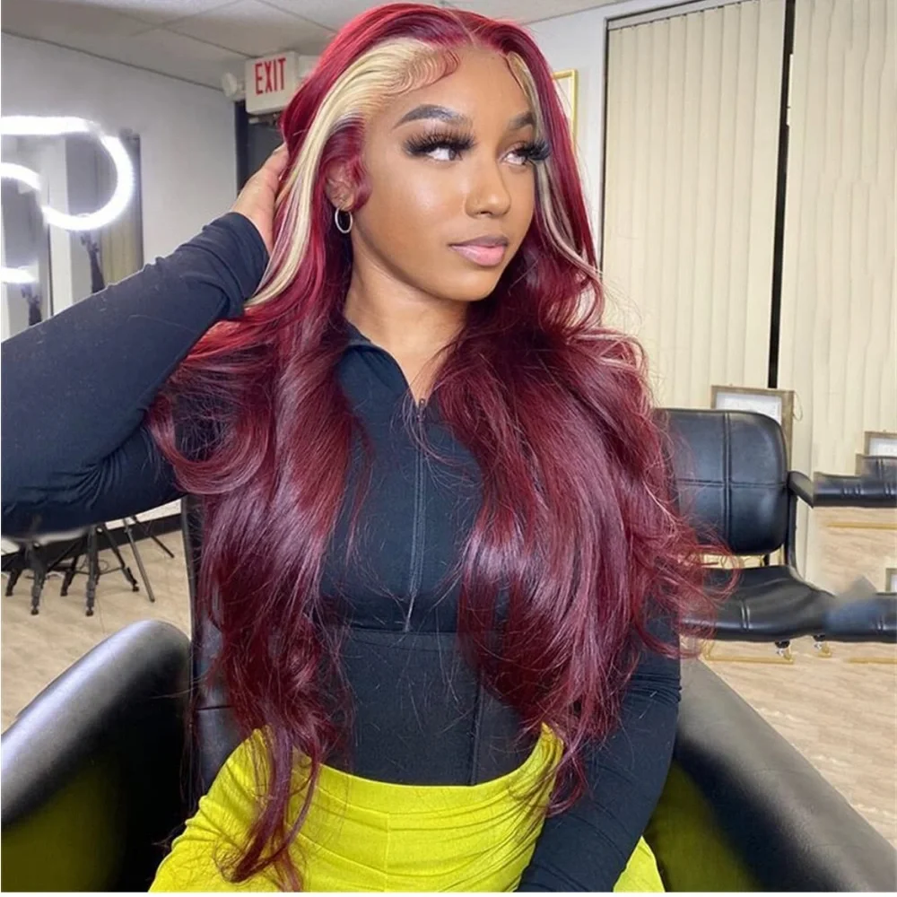 💕 SHEN 24” 99J Skunk Stripe Burgundy Blonde Colored Lace Front Human Hair *NEW*